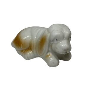 Miniature Puppy Figurine Dog Vintage White Brown Ceramic